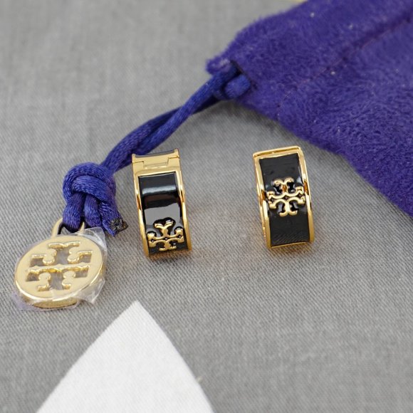 Tory Burch Kira Enamel Hoop Earrings in Black (Brand New) - Picture 5 of 8